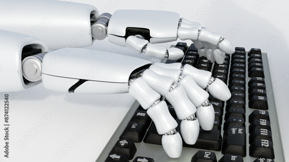 Naklejka premium 3d rendering of a robotic hand with articulated fingers swiftly types on a computer keyboard.