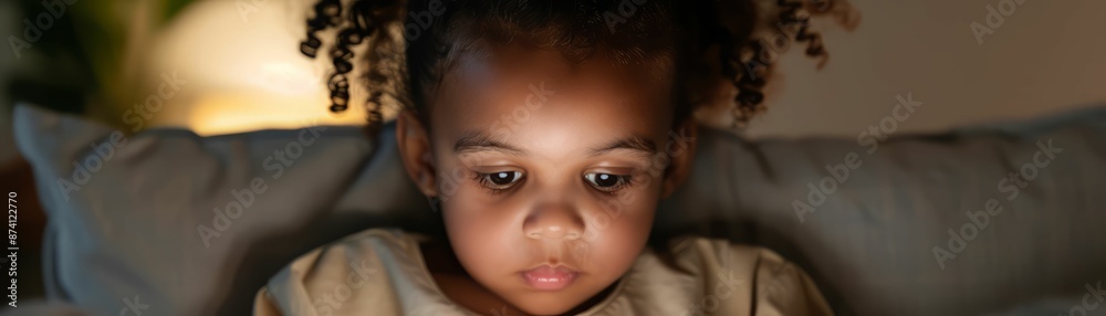 Little Girl Looking Down at Phone in Bed.