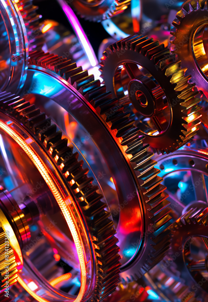 Fototapeta premium A visually captivating shot featuring an array of shiny metal gears in various sizes, illuminated by vibrant neon lights, showcasing industrial elements and futuristic aesthetics