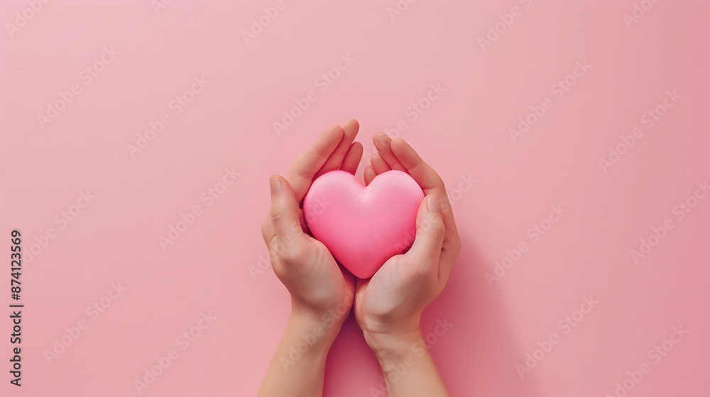 Fototapeta premium A pair of hands holding pink heart on pastel background, top view with copy space concept