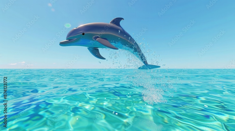 Obraz premium AI Generated 3D cartoon playful dolphin leaping out of crystal clear turquoise water with a bright blue sky in the background.