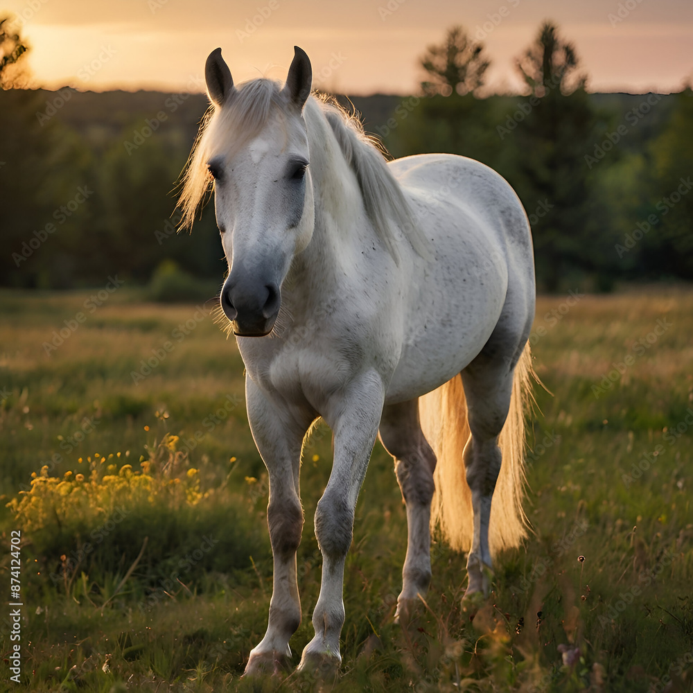 White horse standing on a grass meadow on summer sunset White horse standing on a grass meadow on summer sunset