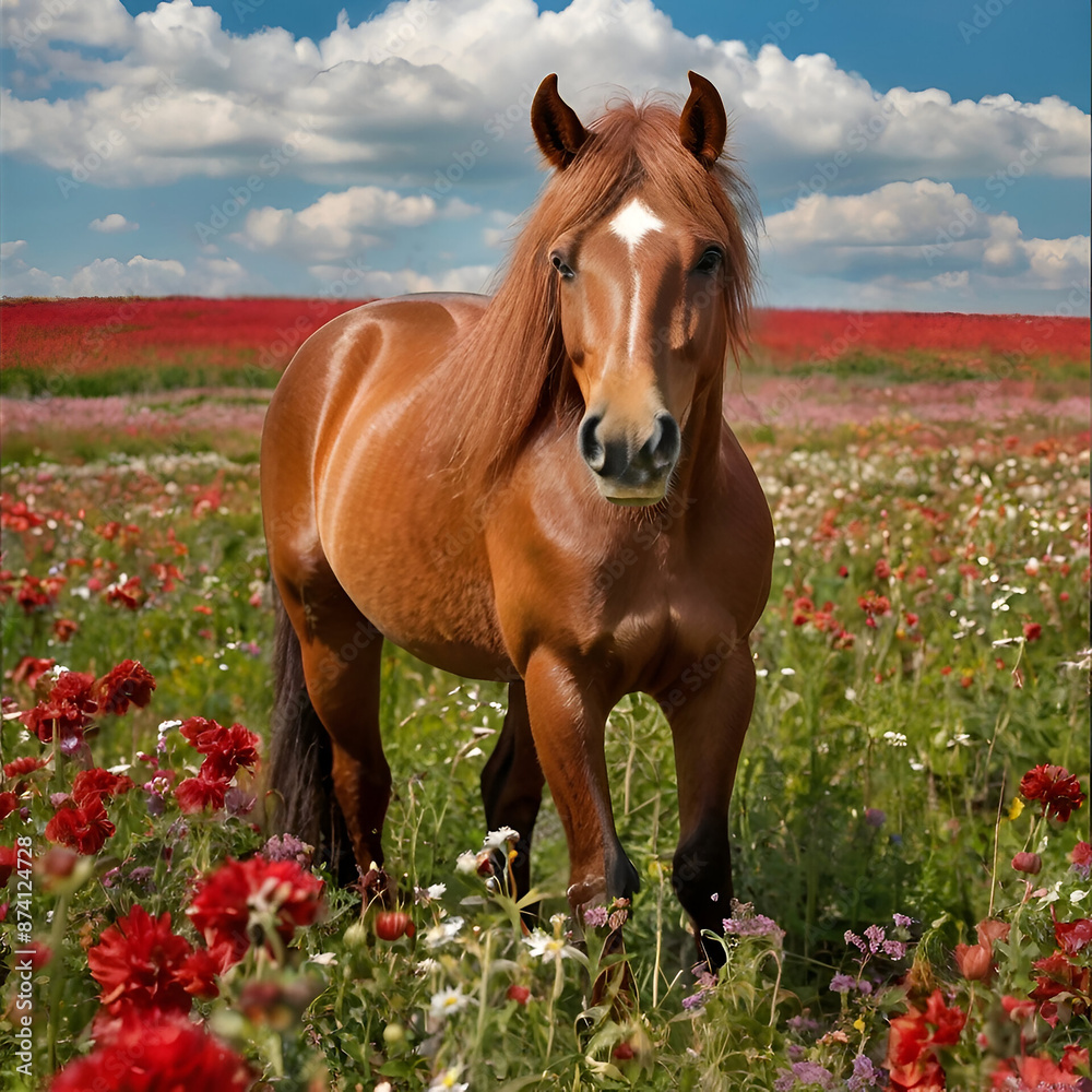 Cute Red horse with long mane in flower field against sky Cute Red horse with long mane in flower field against sky