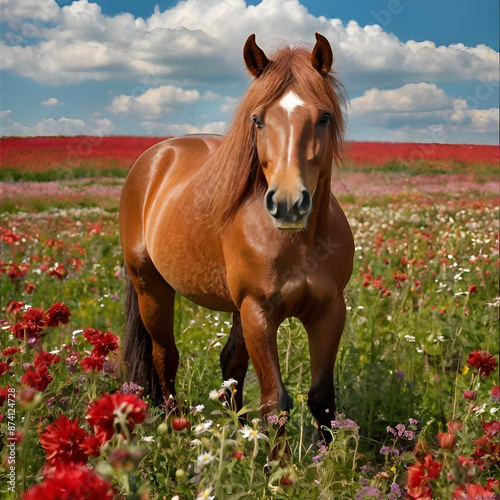Cute Red horse with long mane in flower field against sky