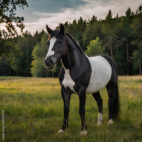 A black and white horse is standing in a field with trees in the background