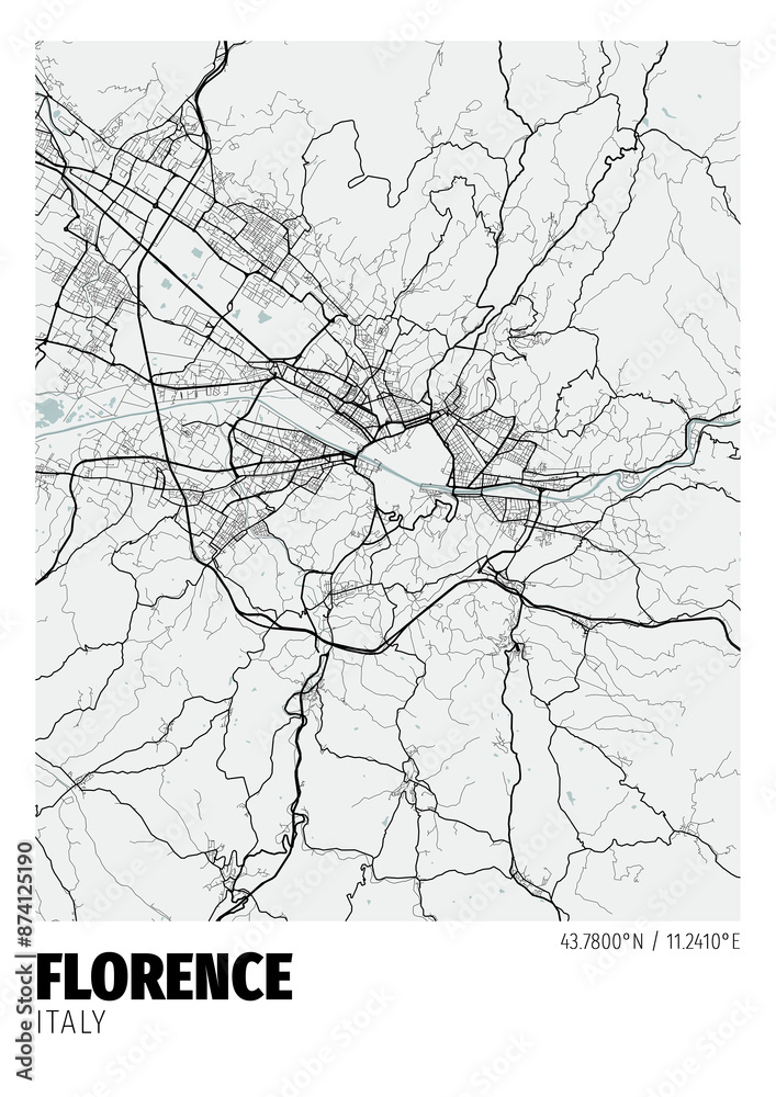 Obraz premium Florence City, Italy Map - Poster Maps White Modern Wall Art Home Decor Ready to Printable 