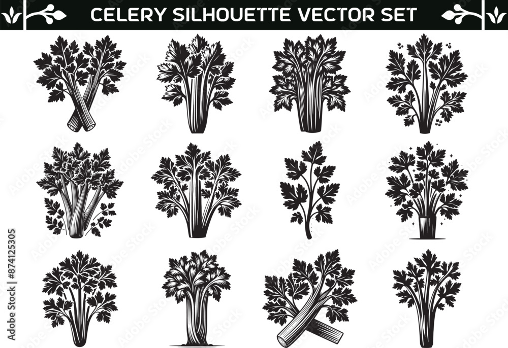 Fototapeta premium Celery leaf silhouette vector illustration set