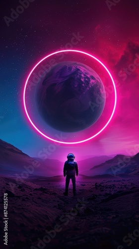 Futuristic astronaut stands on an alien landscape, gazing at a glowing neon ring around a distant planet. Vivid colors and surreal atmosphere. © HDP-STUDIO