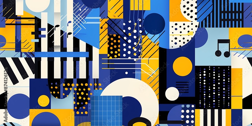 A retro poster with bold geometric shapes and contrasting colors, such as circles, squares and lines forming patterns resembling musical instruments A retro poster with bold geometric shapes and contrasting colors, such as circles, squares and lines forming patterns resembling musical instruments
