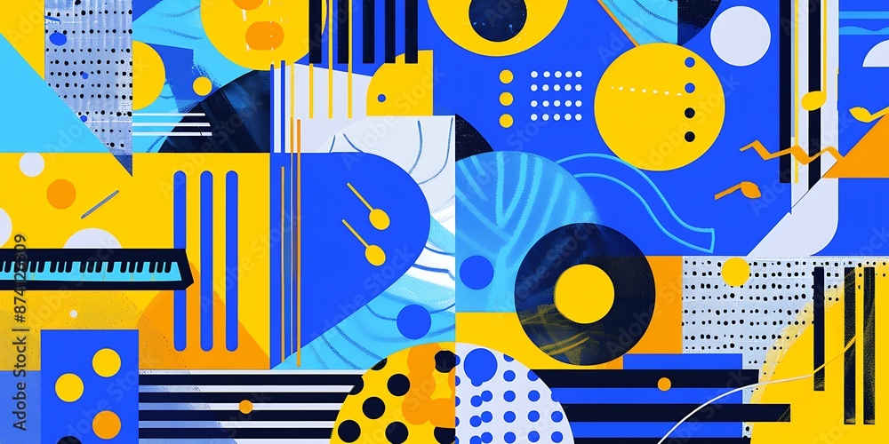 A retro poster with bold geometric shapes and contrasting colors, such as circles, squares and lines forming patterns resembling musical instruments A retro poster with bold geometric shapes and contrasting colors, such as circles, squares and lines forming patterns resembling musical instruments
