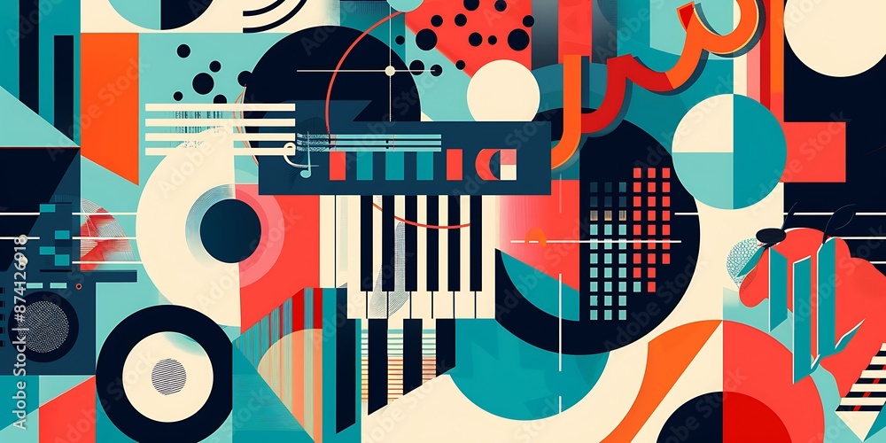 A retro poster with bold geometric shapes and contrasting colors, such as circles, squares and lines forming patterns resembling musical instruments A retro poster with bold geometric shapes and contrasting colors, such as circles, squares and lines forming patterns resembling musical instruments
