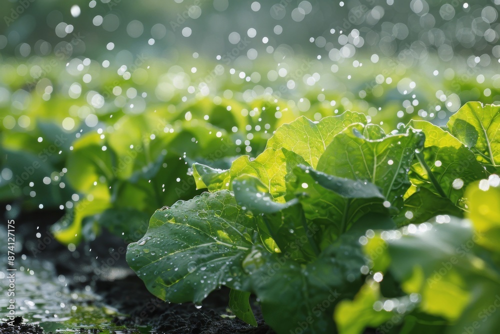 Fresh Green Leaves Being Sprinkled With Water In A Garden