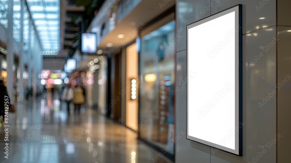 Blank digital advertising screen in modern shopping mall with blurred background of shops and people walking by. Blank digital advertising screen in modern shopping mall with blurred background of shops and people walking by.