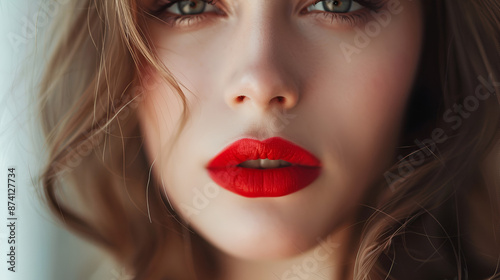 Beautiful blonde model woman face with blue eyes woman with red lips stick ai generative