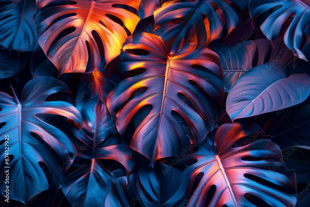 Vibrant tropical monstera leaves illuminated by dramatic lighting Vibrant tropical monstera leaves illuminated by dramatic lighting