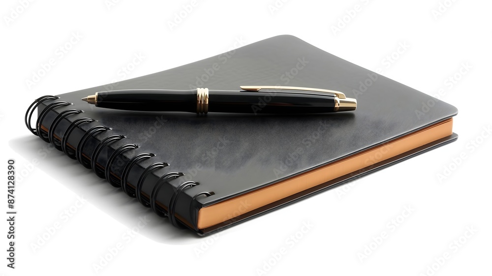  A stylish notebook with a pen placed on top, all on a clean white background. 
