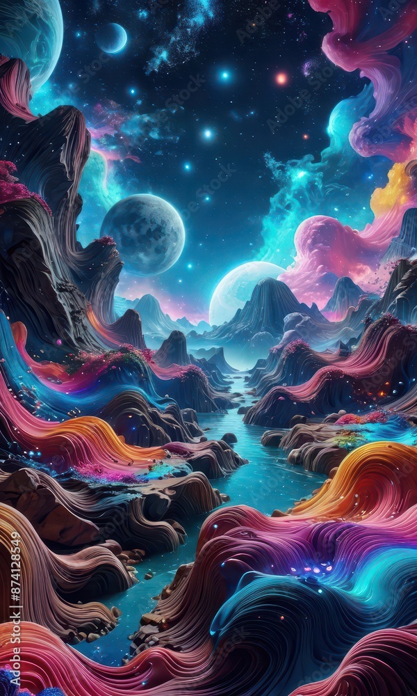 Obraz premium Abstract Alien Landscape with Planets and River.