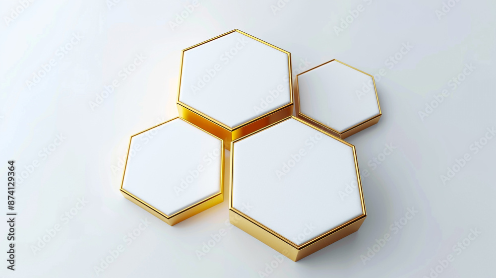 3D white and golden hexagon box top view. 3D white and golden hexagon box top view.