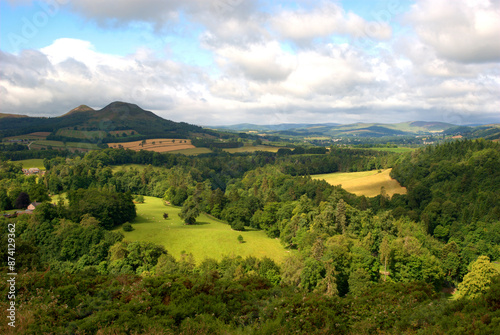 landscape of Scottish Borders with Eildon Hills in summer