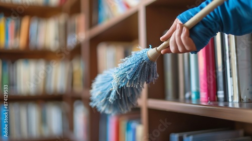 A hand with a duster cleaning a bookshelf, with focus on the duster and the clean lines of the shelf photo