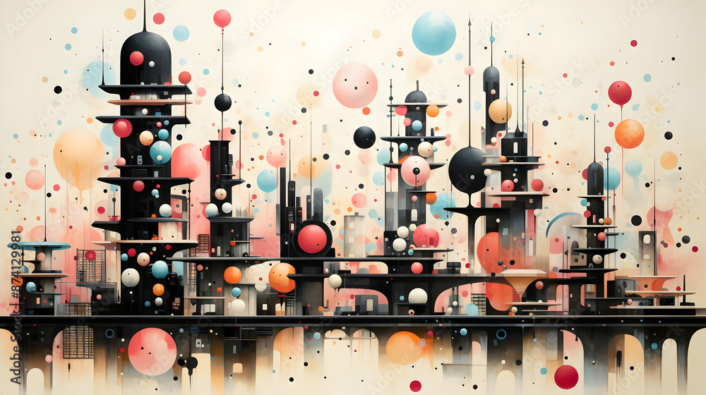 Floating Cityscape Illustration with Colorful Balloons Floating Cityscape Illustration with Colorful Balloons