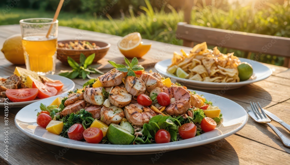 Grilled Chicken Salad with Lemon and Cherry Tomatoes on a Wooden Table. Grilled Chicken Salad with Lemon and Cherry Tomatoes on a Wooden Table.