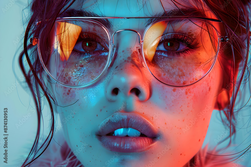 Closeup Portrait of Woman with Glasses in Neon Light - Illustration