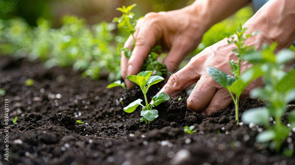 Hands planting a small plant in a clean, simple garden bed, with focus on the soil and the plant Hands planting a small plant in a clean, simple garden bed, with focus on the soil and the plant