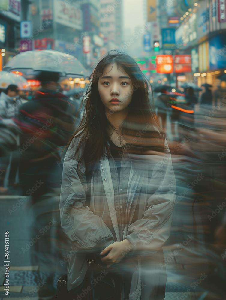 woman stands on a bustling urban street, their identity protected by an obscured face woman stands on a bustling urban street, their identity protected by an obscured face