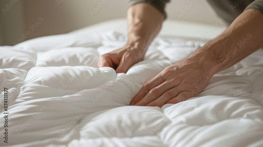 Hands pulling a fresh sheet over a mattress, with focus on the hands and smooth, clean sheets, Hands pulling a fresh sheet over a mattress, with focus on the hands and smooth, clean sheets,