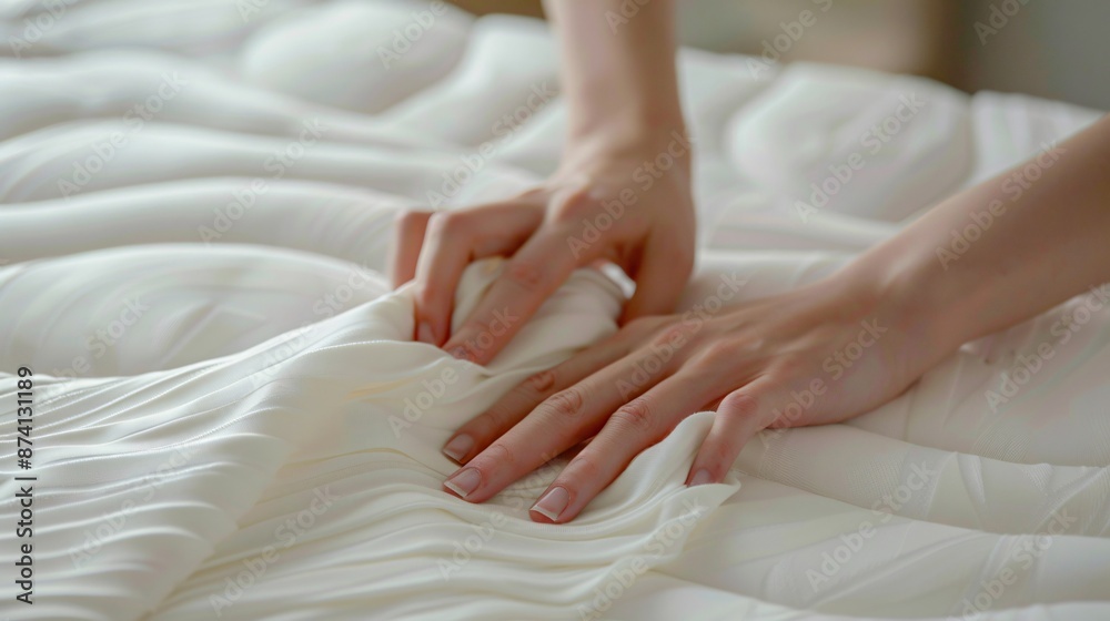 Hands pulling a fresh sheet over a mattress, with focus on the hands and smooth, clean sheets, Hands pulling a fresh sheet over a mattress, with focus on the hands and smooth, clean sheets,