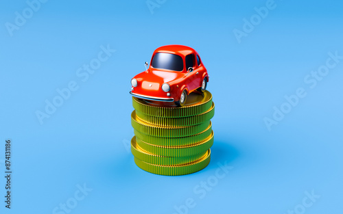 Small red car on top of stack of coins