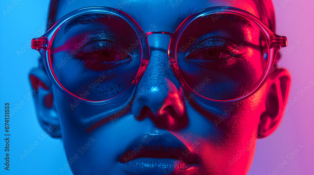 Woman Wearing Round Glasses Under Neon Lights - Portrait Photo Woman Wearing Round Glasses Under Neon Lights - Portrait Photo