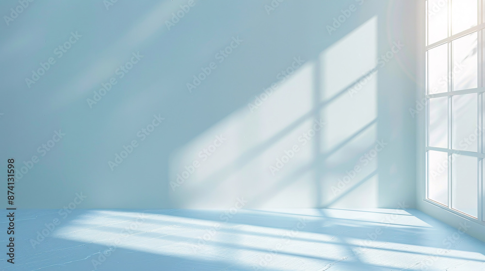Obraz premium Minimalistic abstract light blue background designed for product presentations, featuring sunny light and intricate shadows on a wall. This aesthetic creates a serene and elegant setting.
