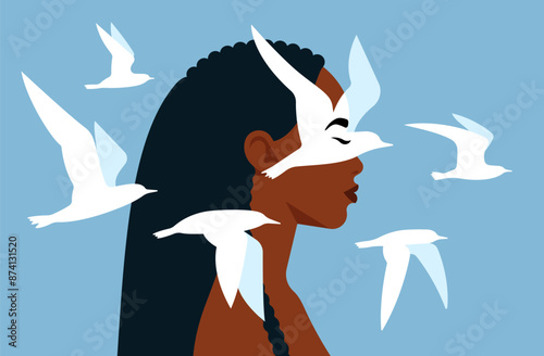 Beautiful black woman and flying birds. Female figure surrounded floating doves. Mental health - psychology, states of mind, feelings, meditation, emotions and calm. Minimalist vector illustration.