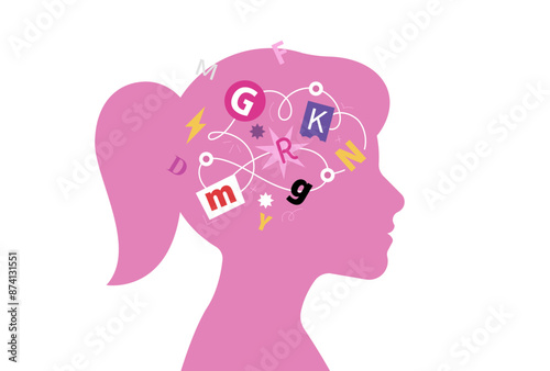 Adobe Illustrator ArtworkDyslexia. Girls head and floating tangled letters in her head. Letters and symbols mess. Education, learning to speak and read correctly. Minimalist vector illustration. Isola