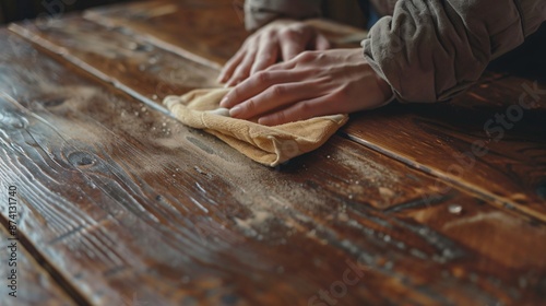 Hands using a cloth to polish a wooden table, with focus on the wood grain and the polishing motion photo