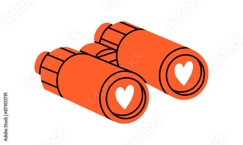 Hand drawn cute cartoon illustration of binoculars with heart on lens. Flat vector searching for love in doodle style. Find perfect match icon. Dating online app print. Romantic feelings. Isolated.