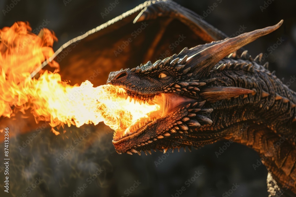 The fierce dragon breathing fire in a mythical fantasy world, an intense and dramatic digital illustration of a terrifying and dangerous scaled The fierce dragon breathing fire in a mythical fantasy world, an intense and dramatic digital illustration of a terrifying and dangerous scaled