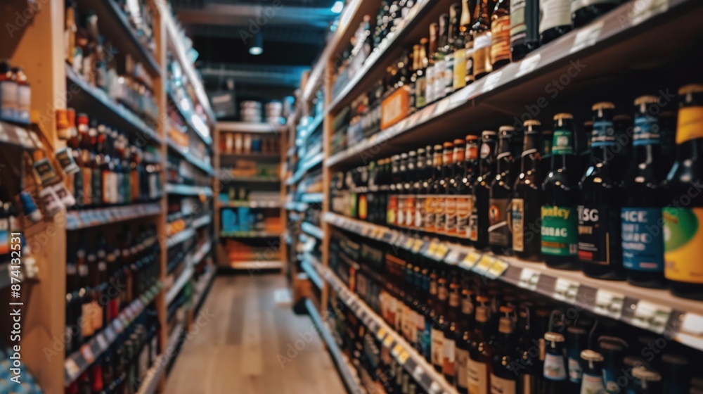 Empty supermarket, blurred background, personalize in-store Empty supermarket, blurred background, personalize in-store