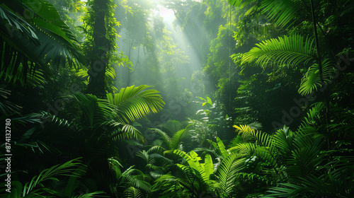 Tropical rainforest with towering trees and dense, green foliage © thecreativesupplies