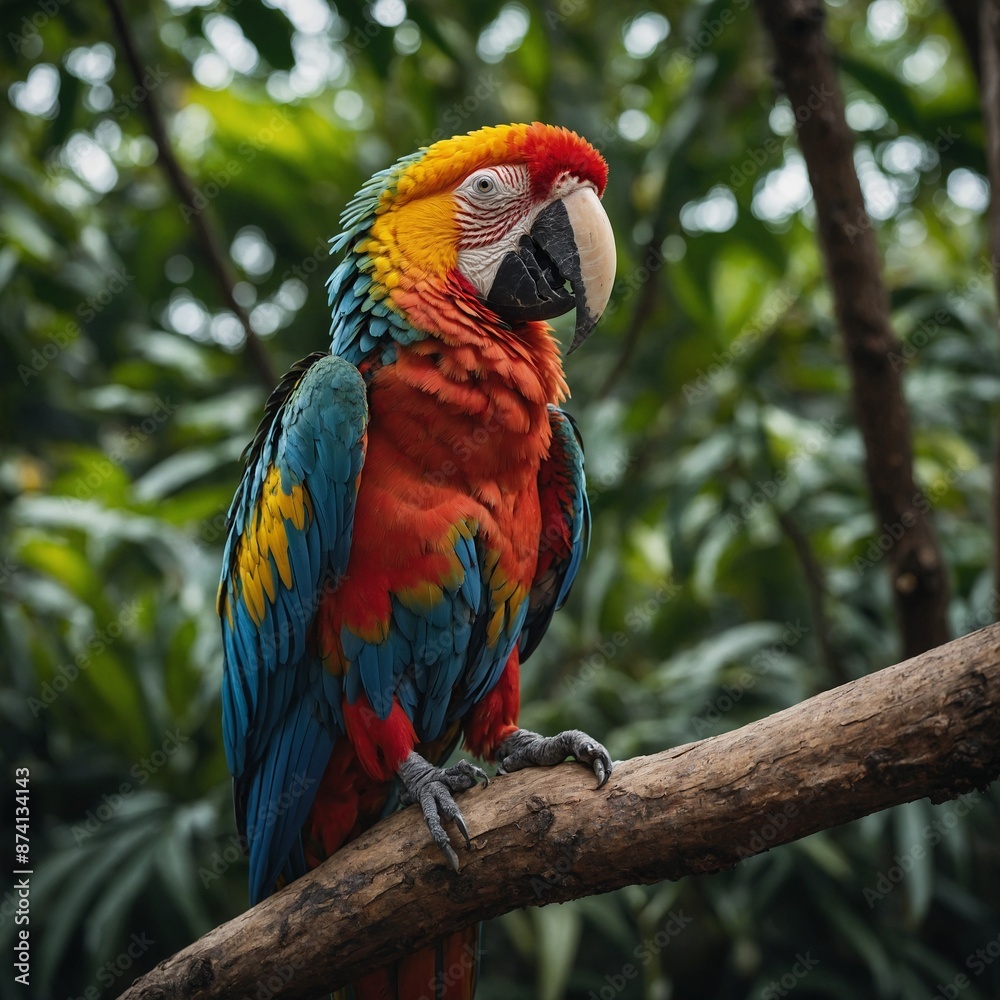 Obraz premium A close-up shot of a vibrant macaw perched on a tree branch.