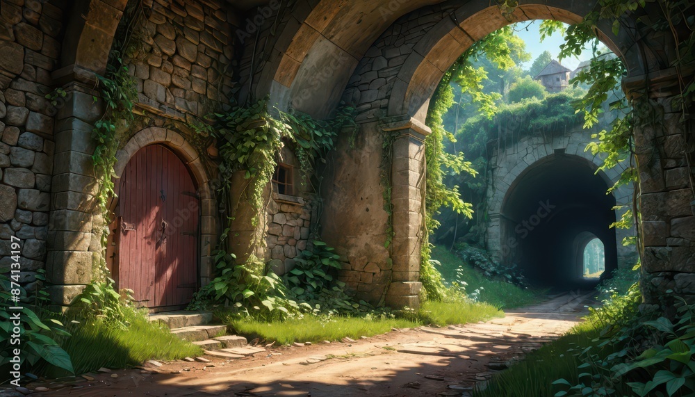 Mysterious Stone Archway Leading Into a Forest. Mysterious Stone Archway Leading Into a Forest.