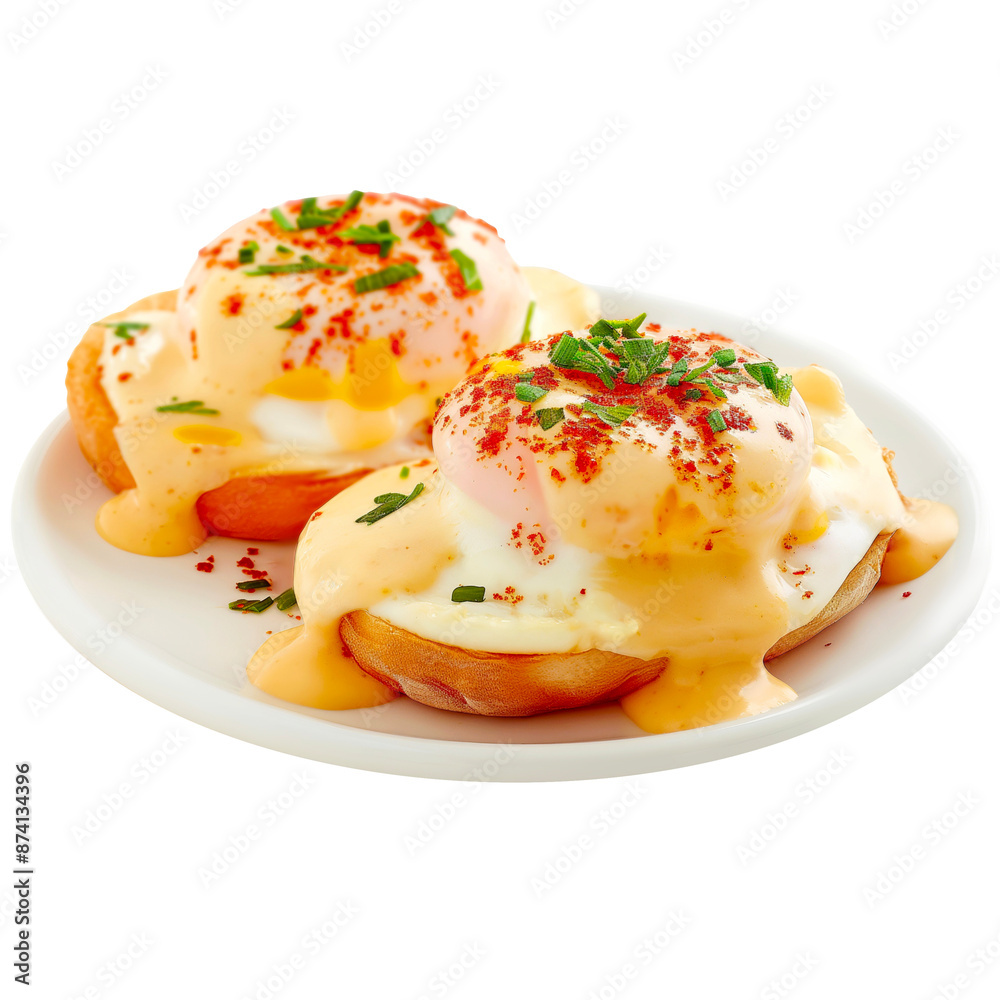Eggs Benedict on a white plate and isolated on white. Eggs Benedict on a white plate and isolated on white.
