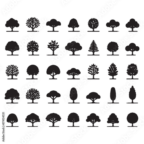 set of trees silhouettes	 on white