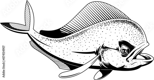 Outlined Mahi Mahi Or Dolphin Fish Swims Underwater Graphic Design. Vector Hand Drawn Illustration Isolated On Transparent Background