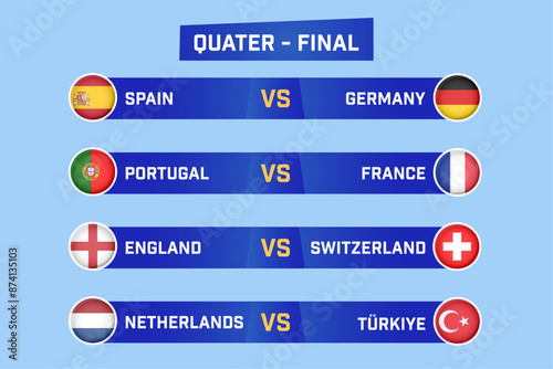 Quarter finals football match schedule list. Sport vector template background, team versus.