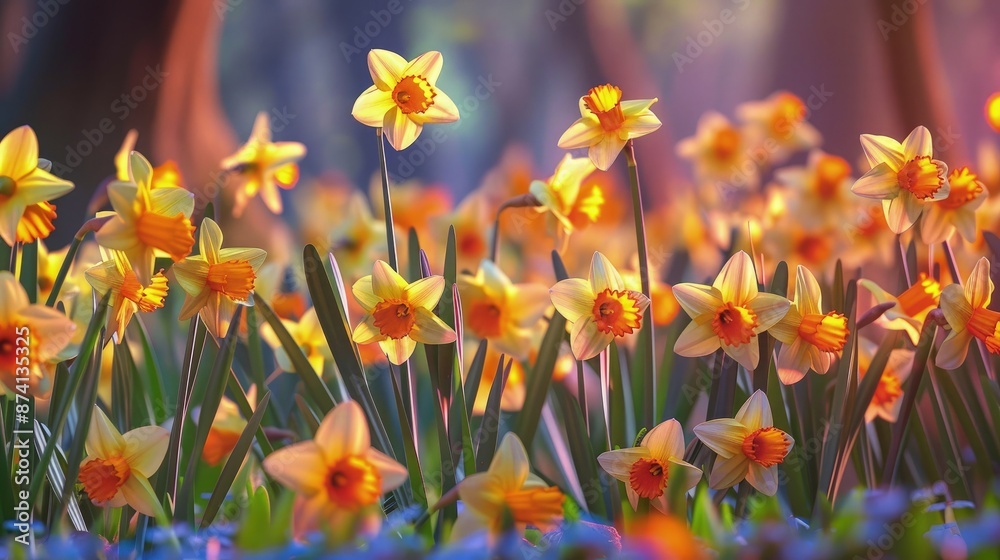 Fototapeta premium An AI-crafted image of a garden filled with daffodils, their bright yellow blooms creating a vivid tapestry of color and life, with each flower captured in stunning
