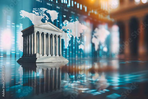 Virtual bank or digital online banking, global online financial transaction and e-commerce, international banking connecting network, bank model and world map background