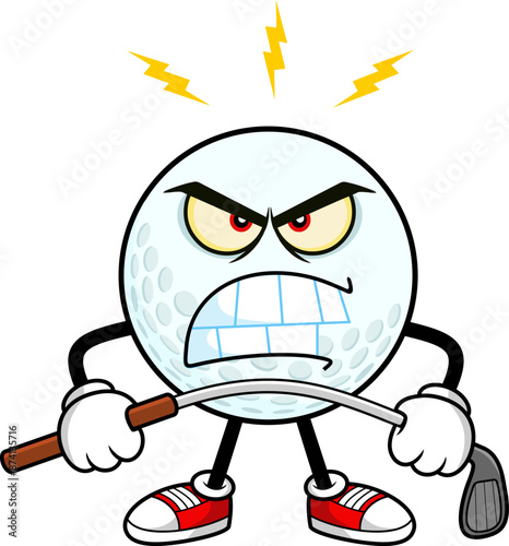 Angry Golf Ball Cartoon Character Bending Golf Club. Vector Hand Drawn Illustration Isolated On Transparent Background